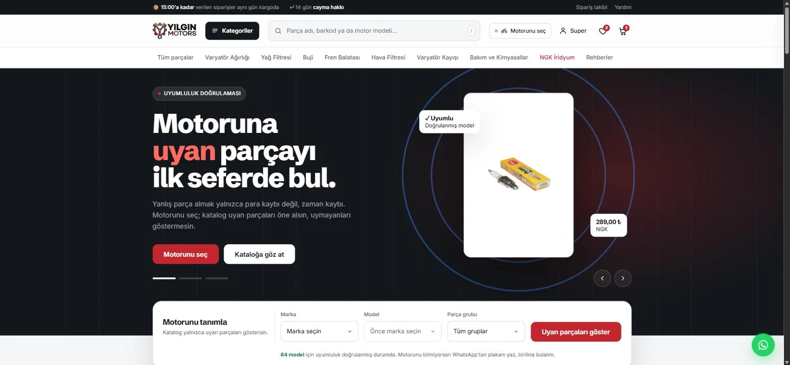 Yılgın Motor e-ticaret sitesinin ana sayfası: motosiklet parçası uyumluluk doğrulama ekranı